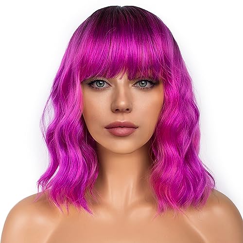 LANCAINI Colourful Short Bob Wigs with Bangs for Women Loose Wavy Wig Curly Wavy Shoulder Length Bob Synthetic Cosplay Wig for Girl Colorful Costume Wigs, Black-Rose mixed Purple